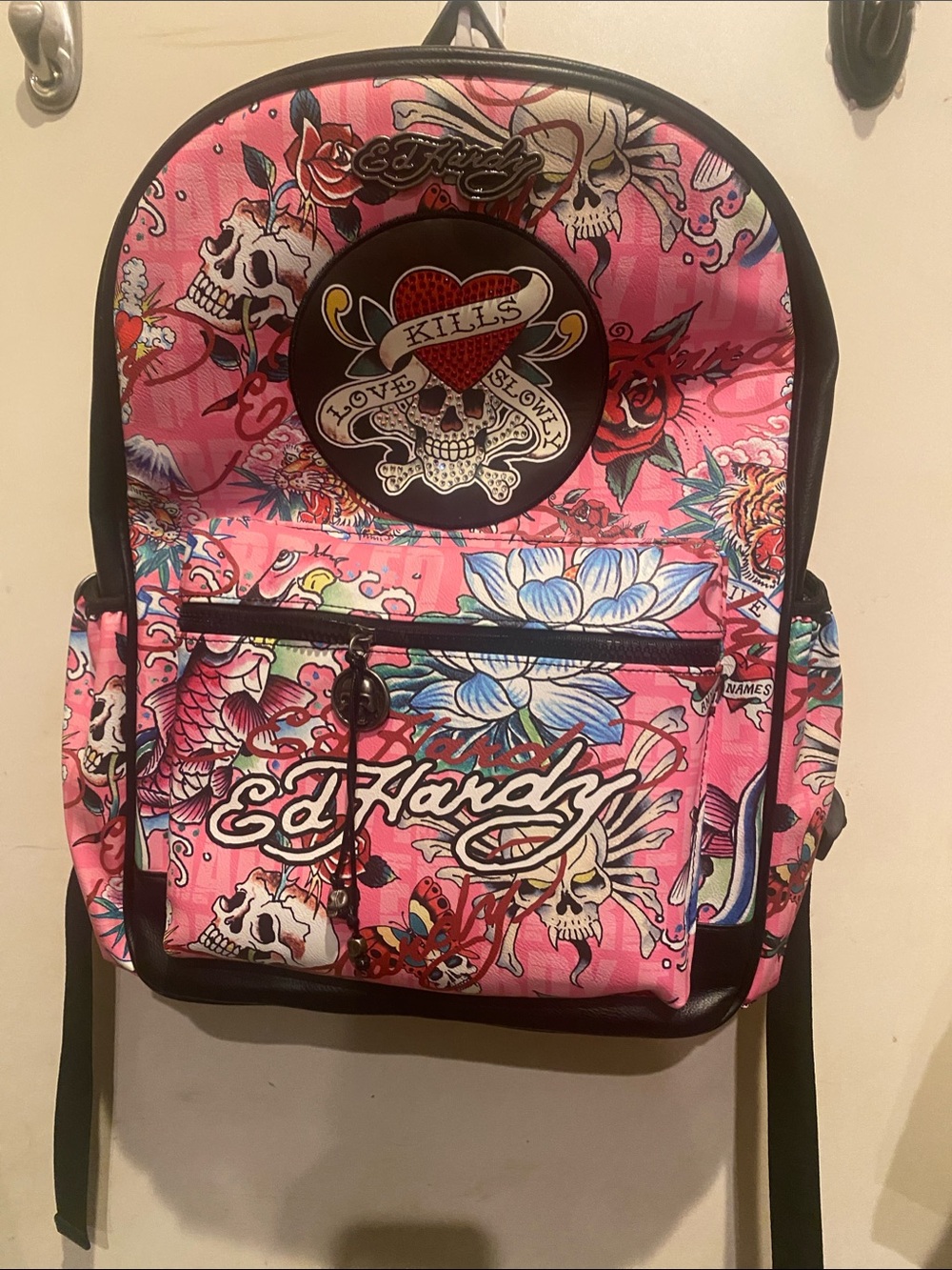 Ed Hardy Pink Floral Skull Patch Backpack
